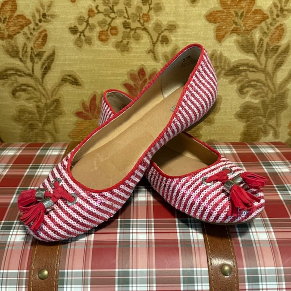 Sperry Top-Sider Bliss Berry & White Striped Sequin Flats Shoes Women SIZE 6.5